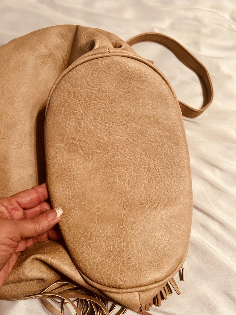 Fringed Drawstring Shoulder Bag - Cream - Picture 6 of 6